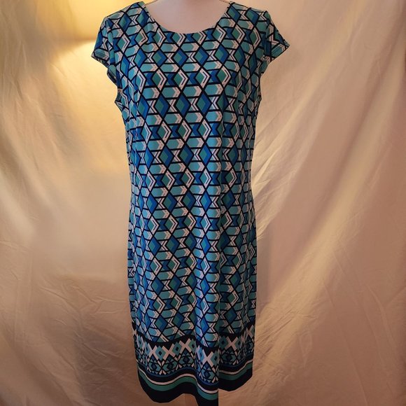 Liz Claiborne blue & white geometric print sheath, size L - Picture 1 of 5